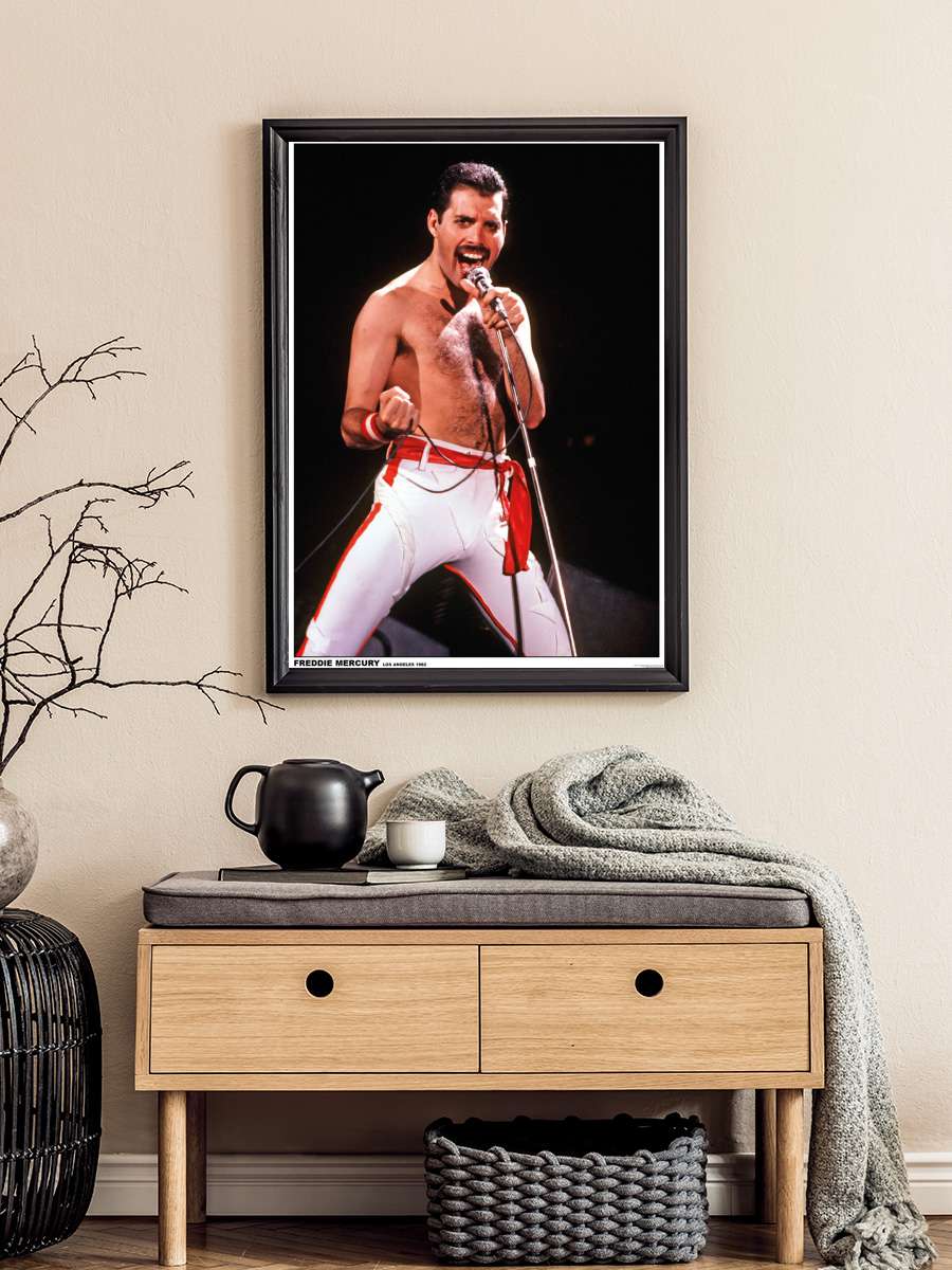 Queen (Freddie Mercury) - Los Angeles 1982 Müzik Poster Tablo Siyah Çerçeveli Yüksek Kalite Müzik Duvar Tablo