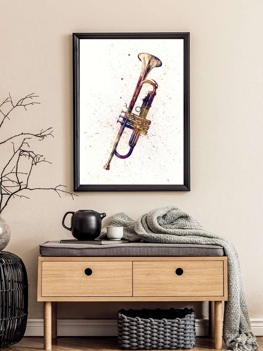 Trumpet Painting Watercolor Müzik Poster Tablo Siyah Çerçeveli Yüksek Kalite Müzik Duvar Tablo