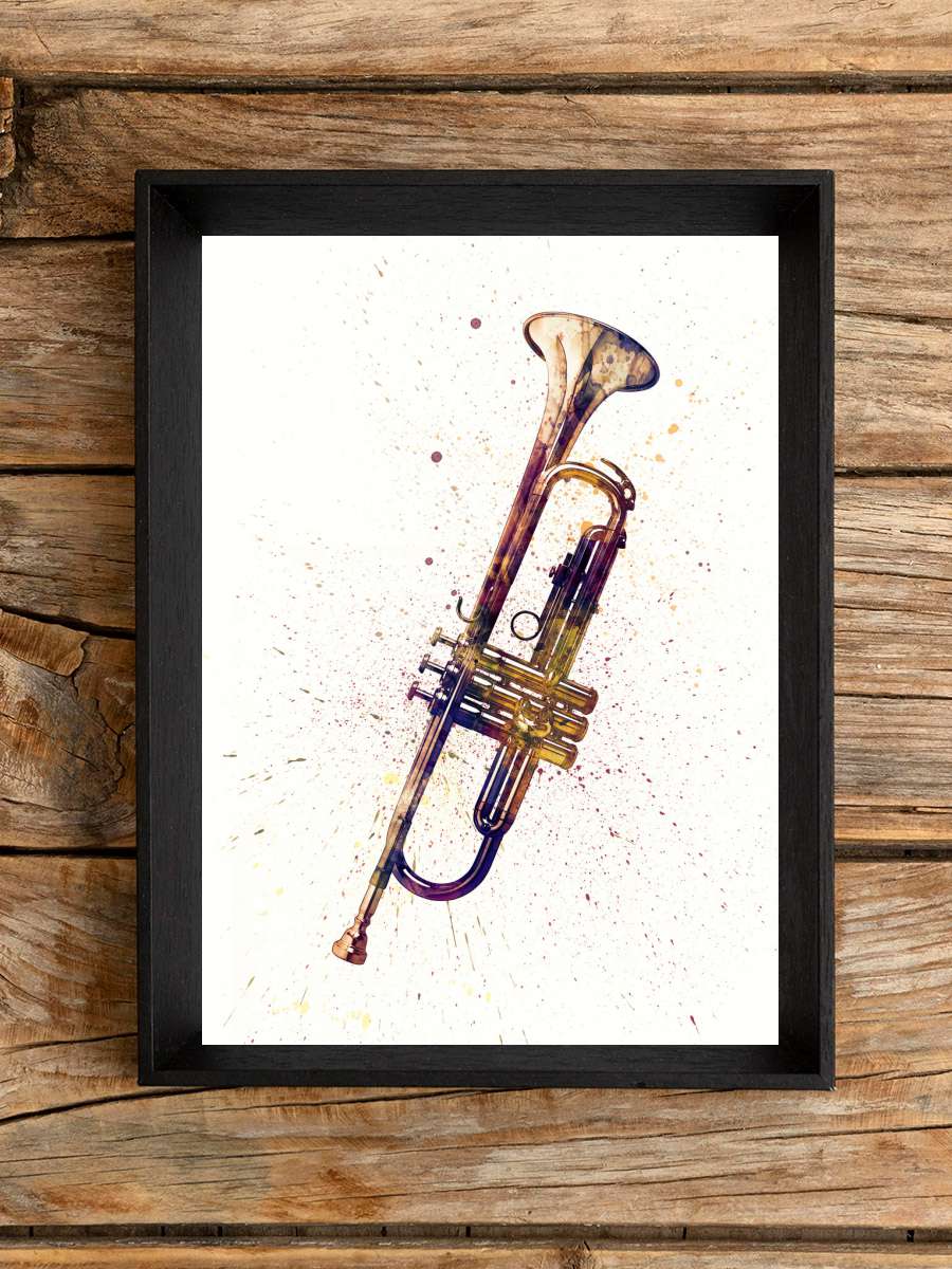 Trumpet Painting Watercolor Müzik Poster Tablo Siyah Çerçeveli Yüksek Kalite Müzik Duvar Tablo