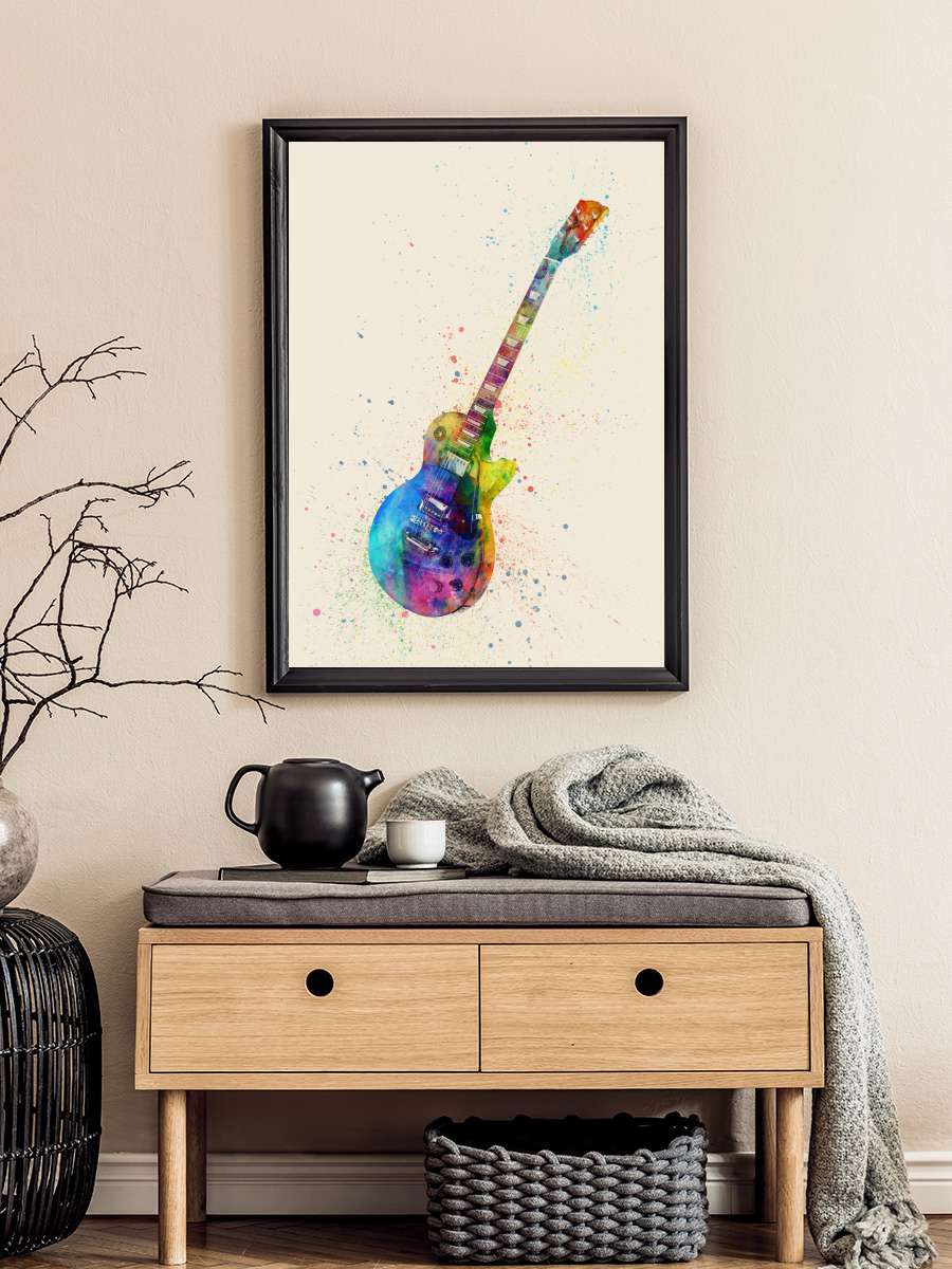 Electric Guitar Watercolor Müzik Poster Tablo Siyah Çerçeveli Yüksek Kalite Müzik Duvar Tablo