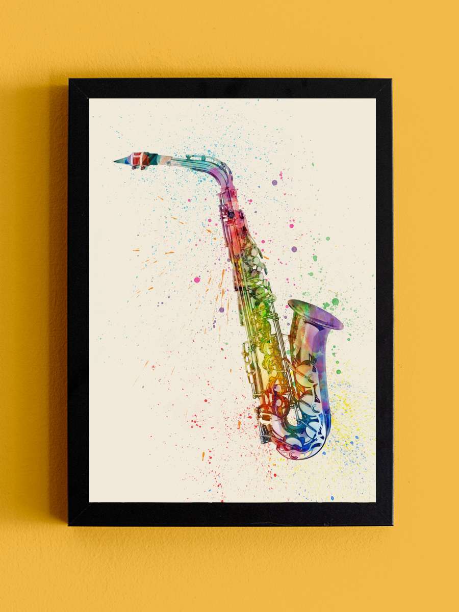 Saxophone Watercolor Müzik Poster Tablo Siyah Çerçeveli Yüksek Kalite Müzik Duvar Tablo