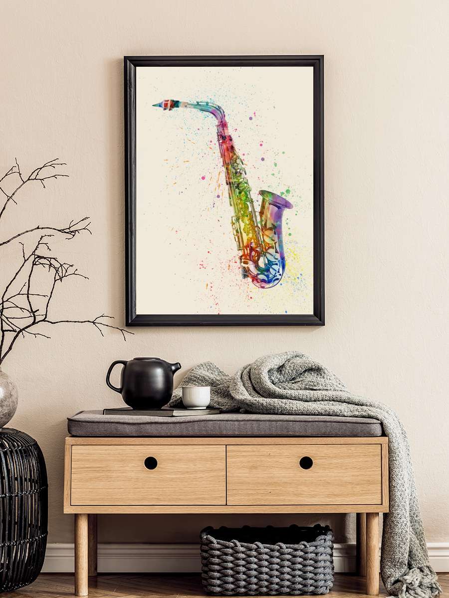 Saxophone Watercolor Müzik Poster Tablo Siyah Çerçeveli Yüksek Kalite Müzik Duvar Tablo