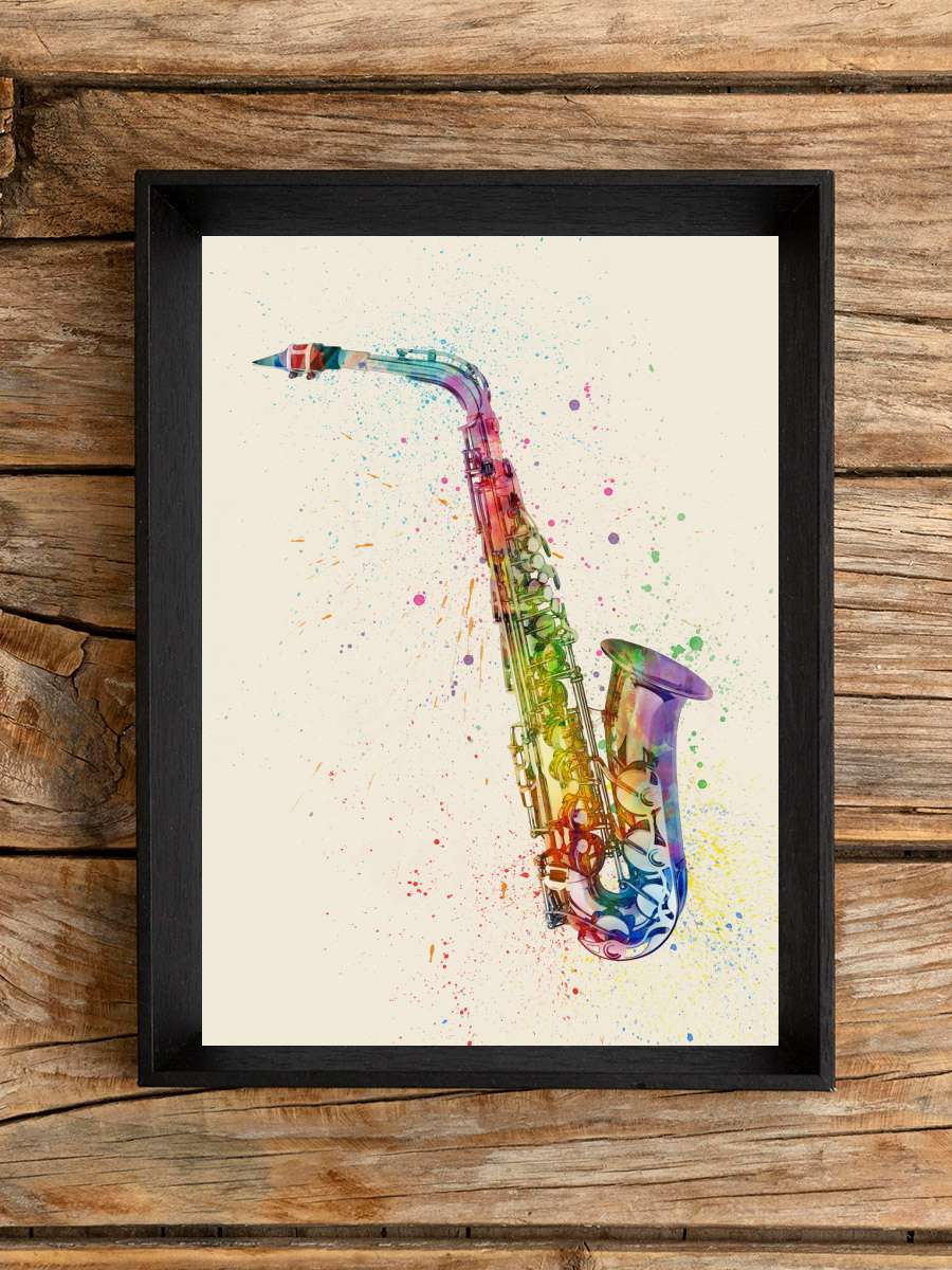 Saxophone Watercolor Müzik Poster Tablo Siyah Çerçeveli Yüksek Kalite Müzik Duvar Tablo