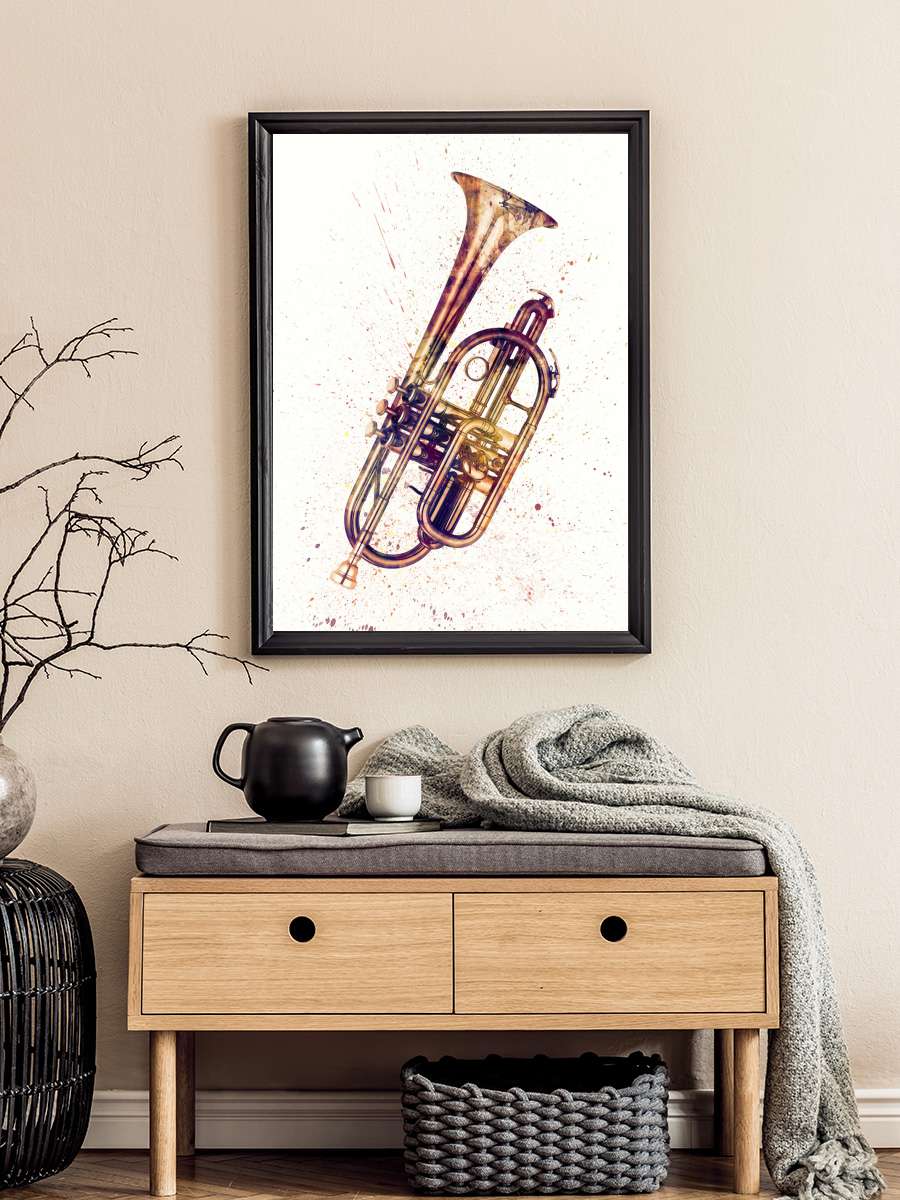 Cornet Abstract Watercolor Müzik Poster Tablo Siyah Çerçeveli Yüksek Kalite Müzik Duvar Tablo