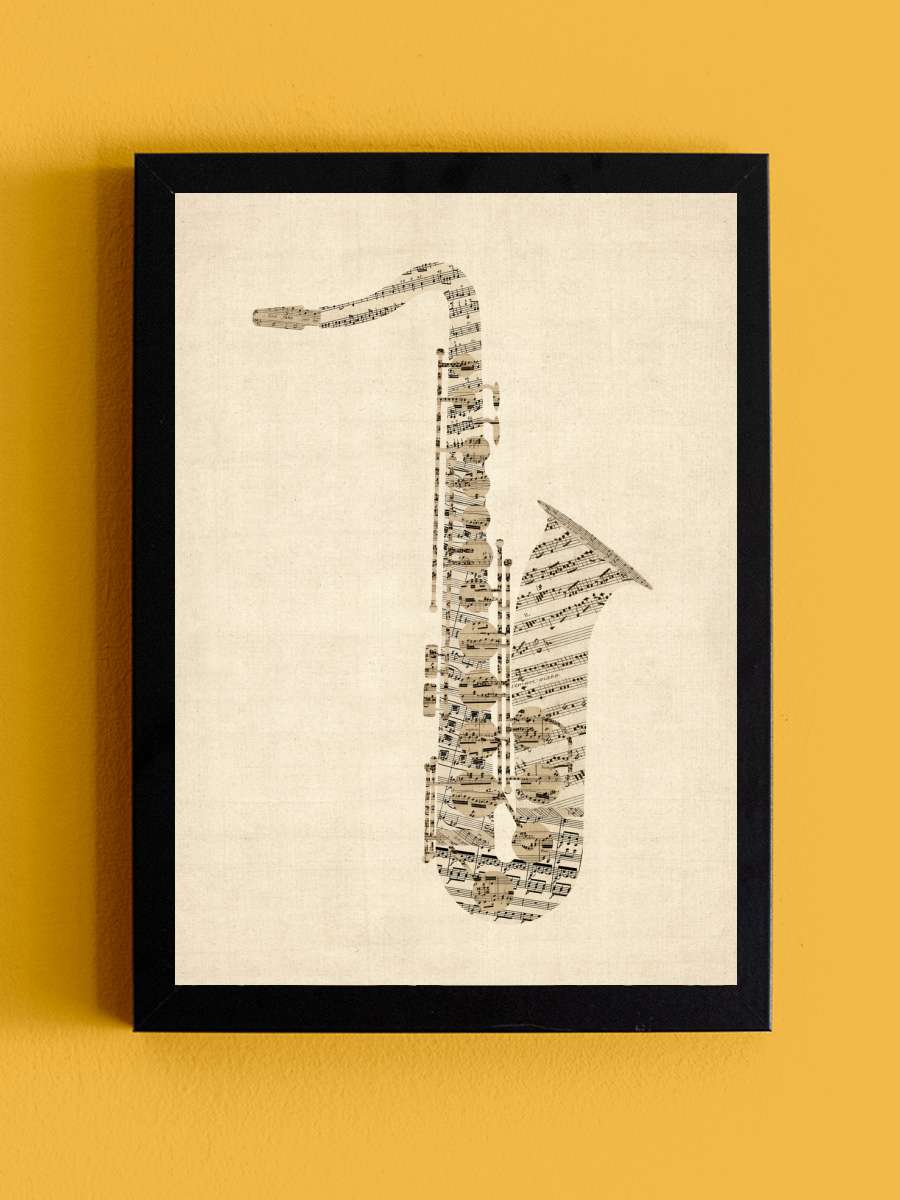 Saxophone Old Sheet Music Müzik Poster Tablo Siyah Çerçeveli Yüksek Kalite Müzik Duvar Tablo