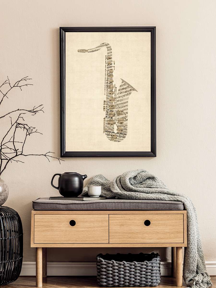 Saxophone Old Sheet Music Müzik Poster Tablo Siyah Çerçeveli Yüksek Kalite Müzik Duvar Tablo