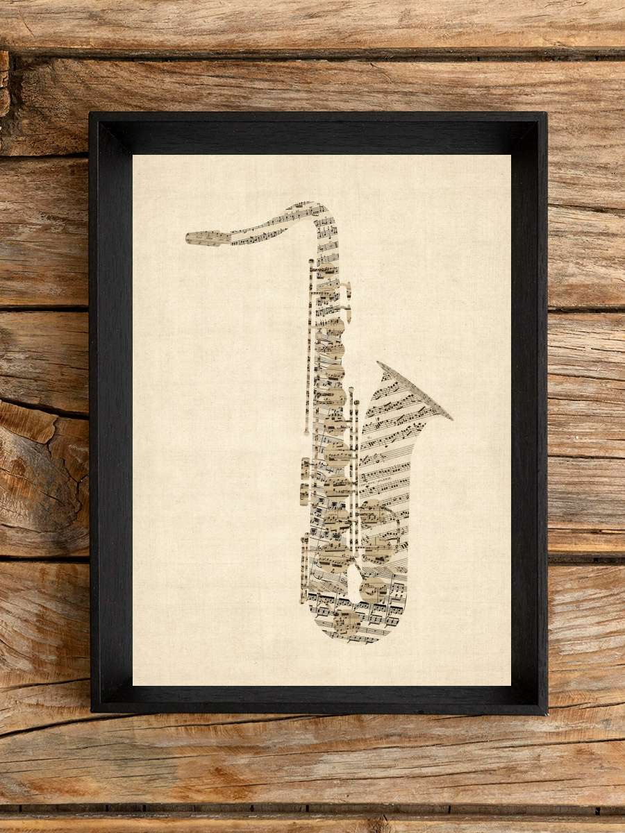 Saxophone Old Sheet Music Müzik Poster Tablo Siyah Çerçeveli Yüksek Kalite Müzik Duvar Tablo