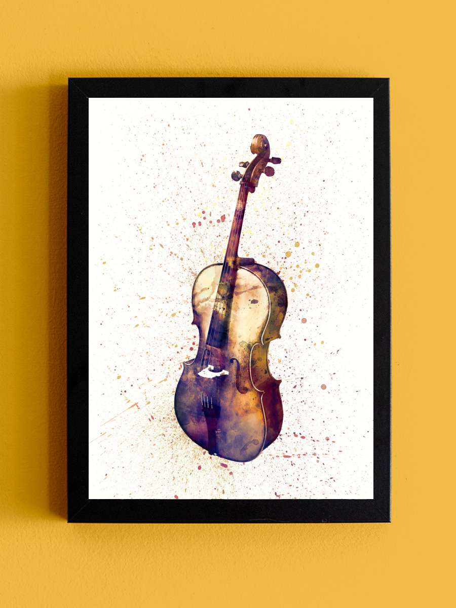 Cello Abstract Watercolor Müzik Poster Tablo Siyah Çerçeveli Yüksek Kalite Müzik Duvar Tablo