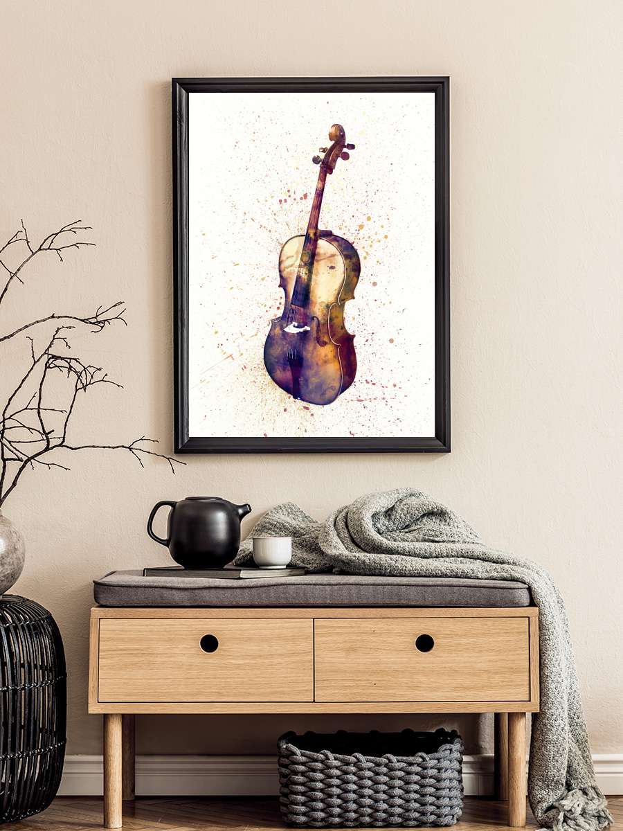 Cello Abstract Watercolor Müzik Poster Tablo Siyah Çerçeveli Yüksek Kalite Müzik Duvar Tablo