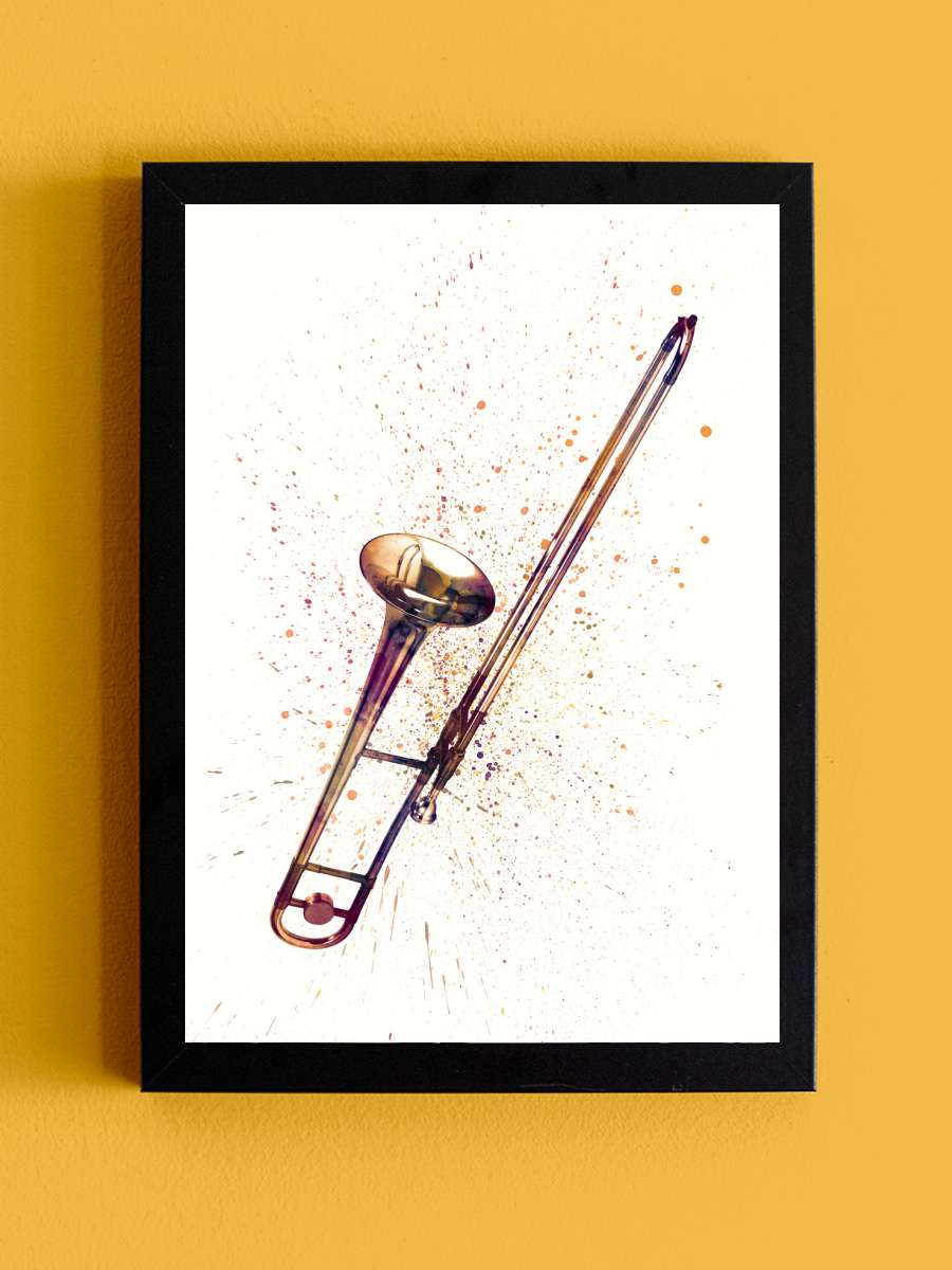 Trombone Abstract Watercolor Müzik Poster Tablo Siyah Çerçeveli Yüksek Kalite Müzik Duvar Tablo