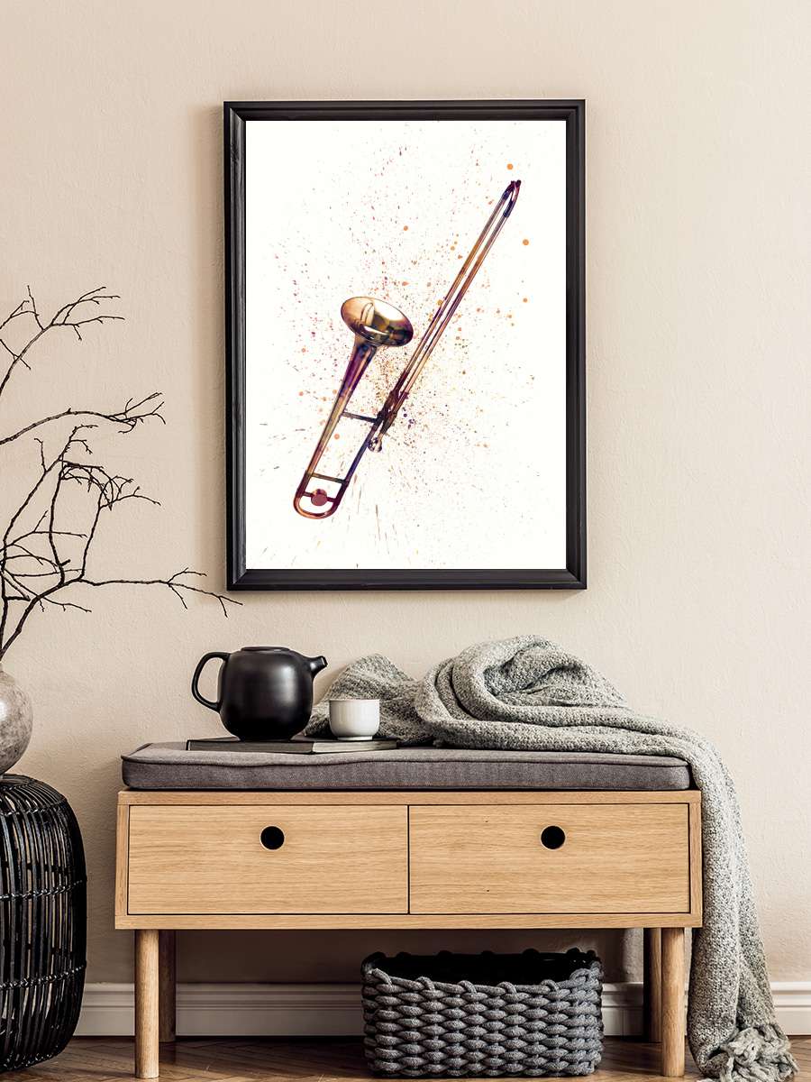 Trombone Abstract Watercolor Müzik Poster Tablo Siyah Çerçeveli Yüksek Kalite Müzik Duvar Tablo