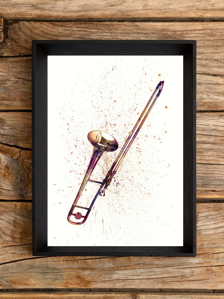 Trombone Abstract Watercolor Müzik Poster Tablo Siyah Çerçeveli Yüksek Kalite Müzik Duvar Tablo