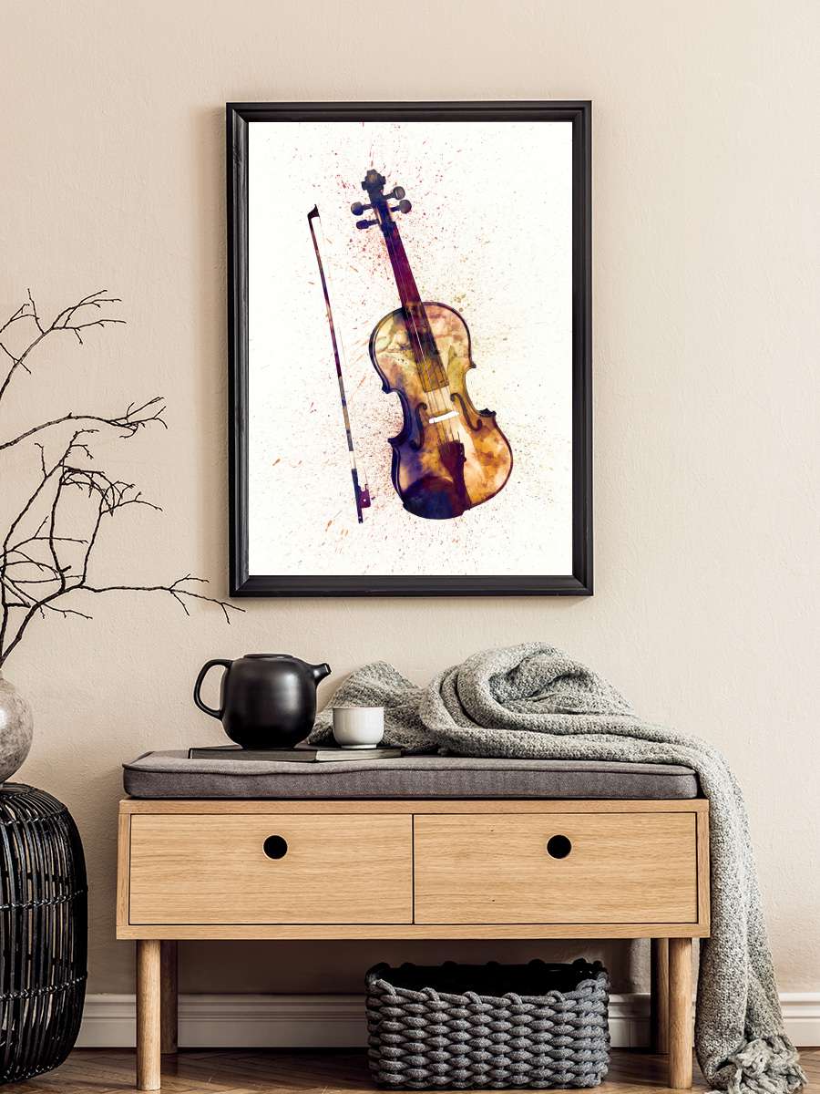 Violin Abstract Watercolor Müzik Poster Tablo Siyah Çerçeveli Yüksek Kalite Müzik Duvar Tablo