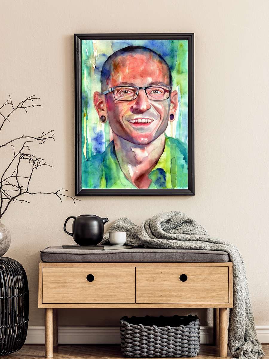 C. Bennington Portrait… Portrait Watercolor Müzik Poster Tablo Siyah Çerçeveli Yüksek Kalite Müzik Duvar Tablo