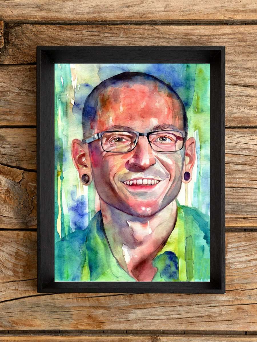 C. Bennington Portrait… Portrait Watercolor Müzik Poster Tablo Siyah Çerçeveli Yüksek Kalite Müzik Duvar Tablo