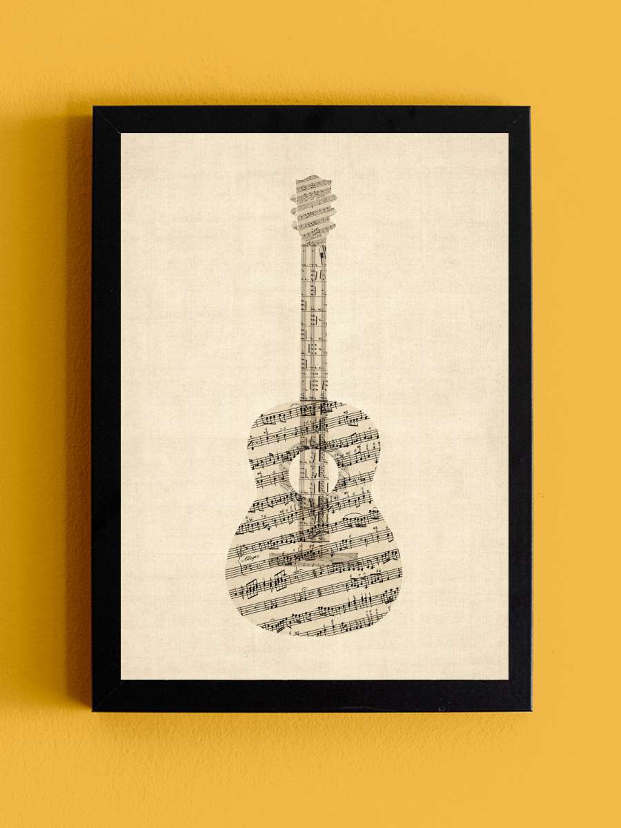 Acoustic Guitar Old Sheet Music Müzik Poster Tablo Siyah Çerçeveli Yüksek Kalite Müzik Duvar Tablo