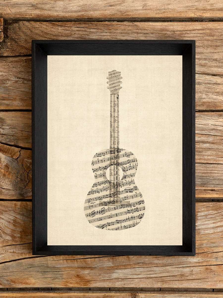 Acoustic Guitar Old Sheet Music Müzik Poster Tablo Siyah Çerçeveli Yüksek Kalite Müzik Duvar Tablo