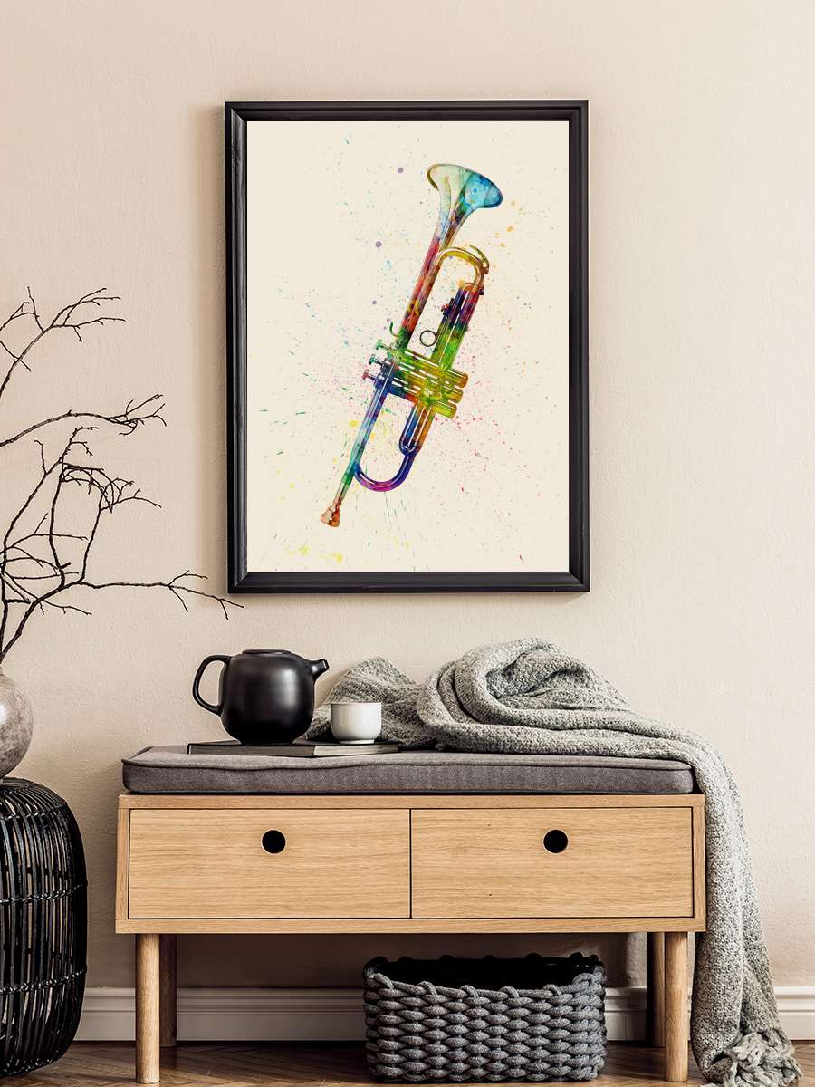 Trumpet Abstract Watercolor Müzik Poster Tablo Siyah Çerçeveli Yüksek Kalite Müzik Duvar Tablo