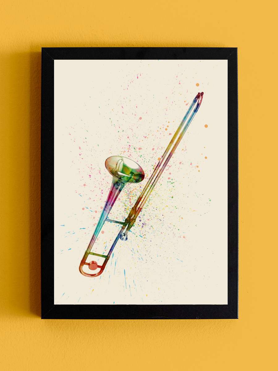 Trombone Abstract Watercolor Müzik Poster Tablo Siyah Çerçeveli Yüksek Kalite Müzik Duvar Tablo