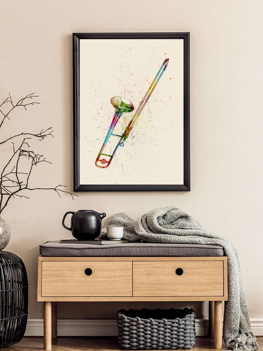 Trombone Abstract Watercolor Müzik Poster Tablo Siyah Çerçeveli Yüksek Kalite Müzik Duvar Tablo