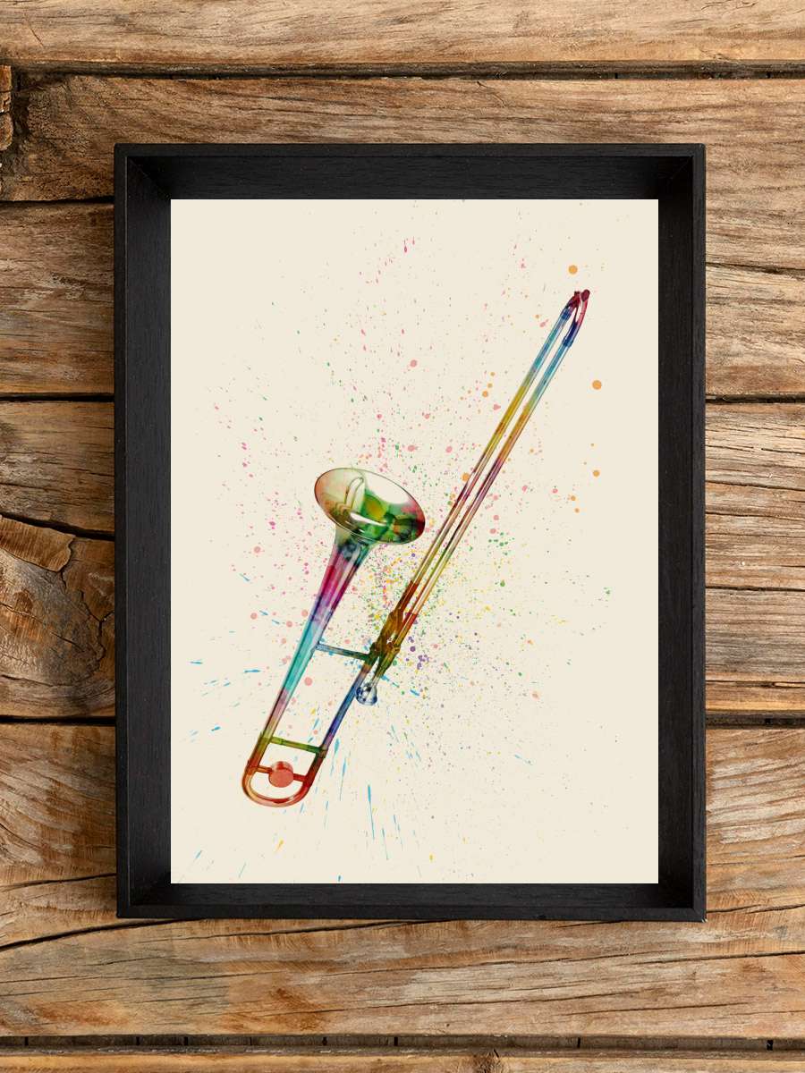 Trombone Abstract Watercolor Müzik Poster Tablo Siyah Çerçeveli Yüksek Kalite Müzik Duvar Tablo