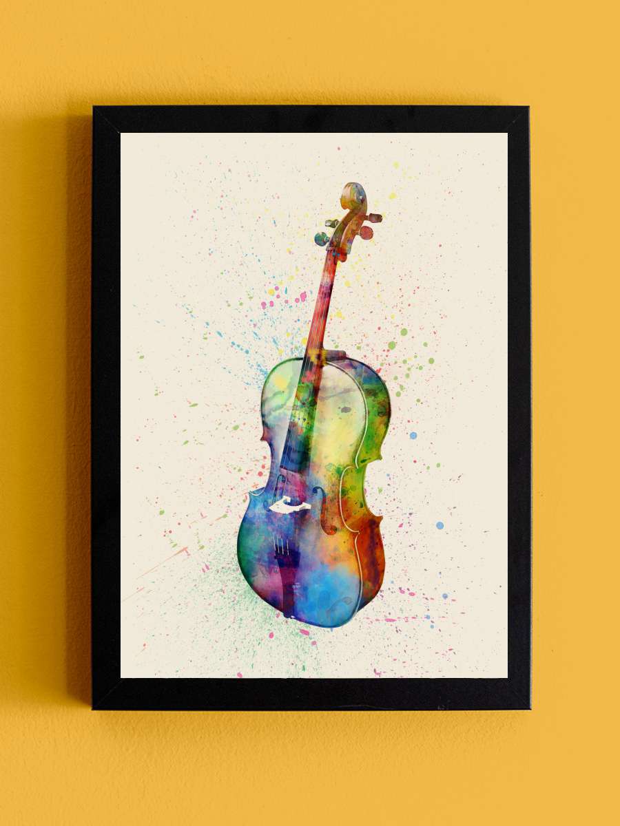 Cello Abstract Watercolor Müzik Poster Tablo Siyah Çerçeveli Yüksek Kalite Müzik Duvar Tablo