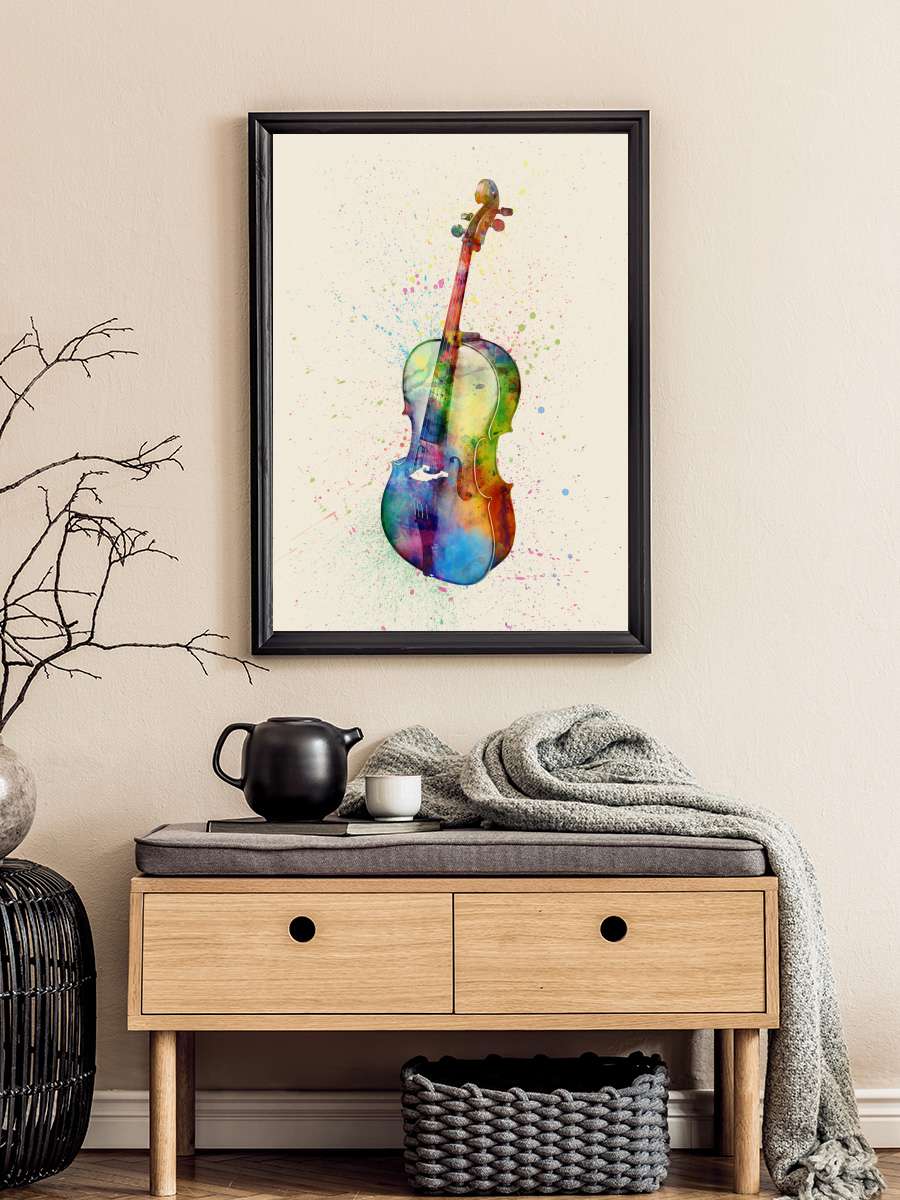 Cello Abstract Watercolor Müzik Poster Tablo Siyah Çerçeveli Yüksek Kalite Müzik Duvar Tablo