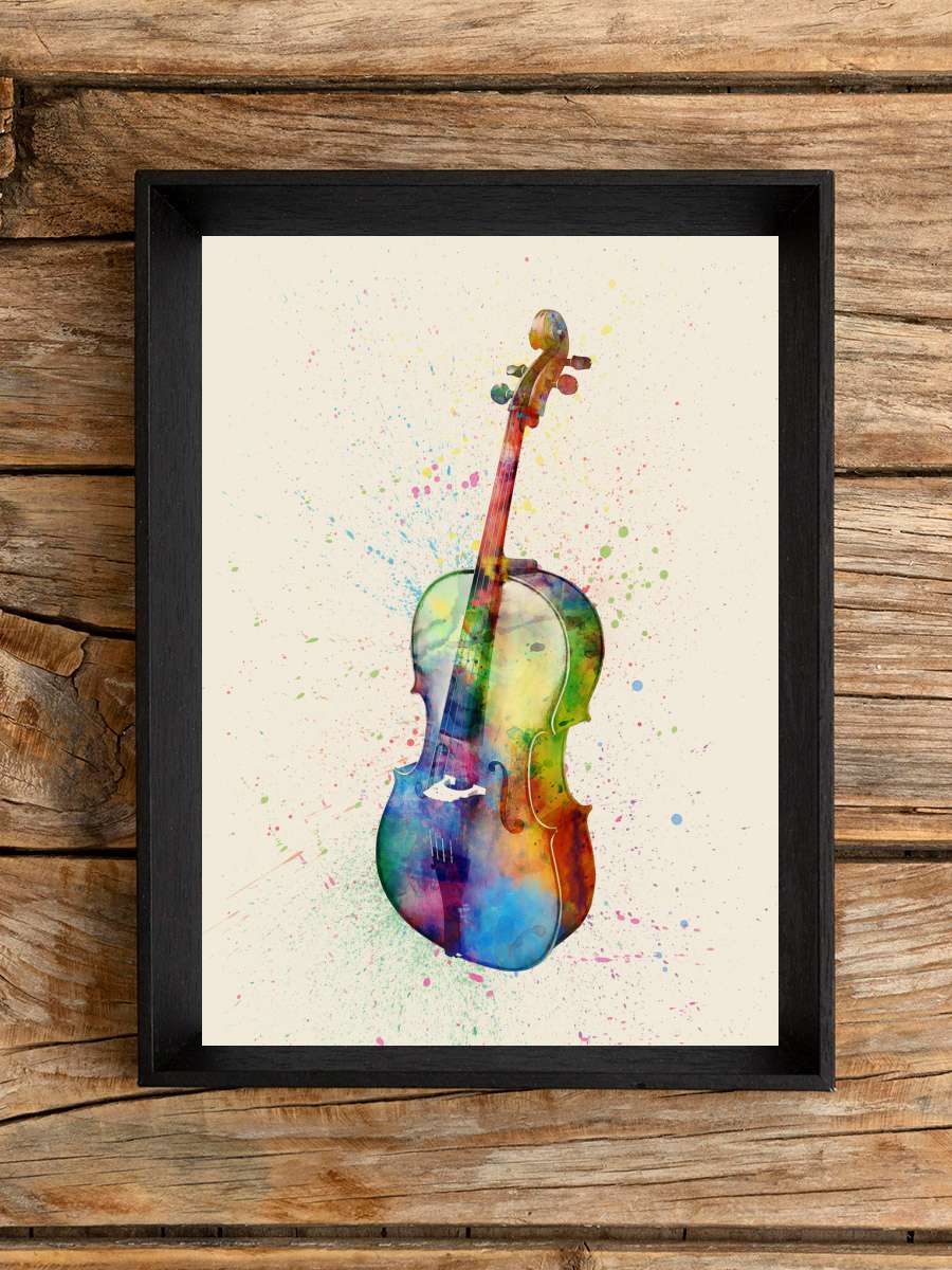 Cello Abstract Watercolor Müzik Poster Tablo Siyah Çerçeveli Yüksek Kalite Müzik Duvar Tablo