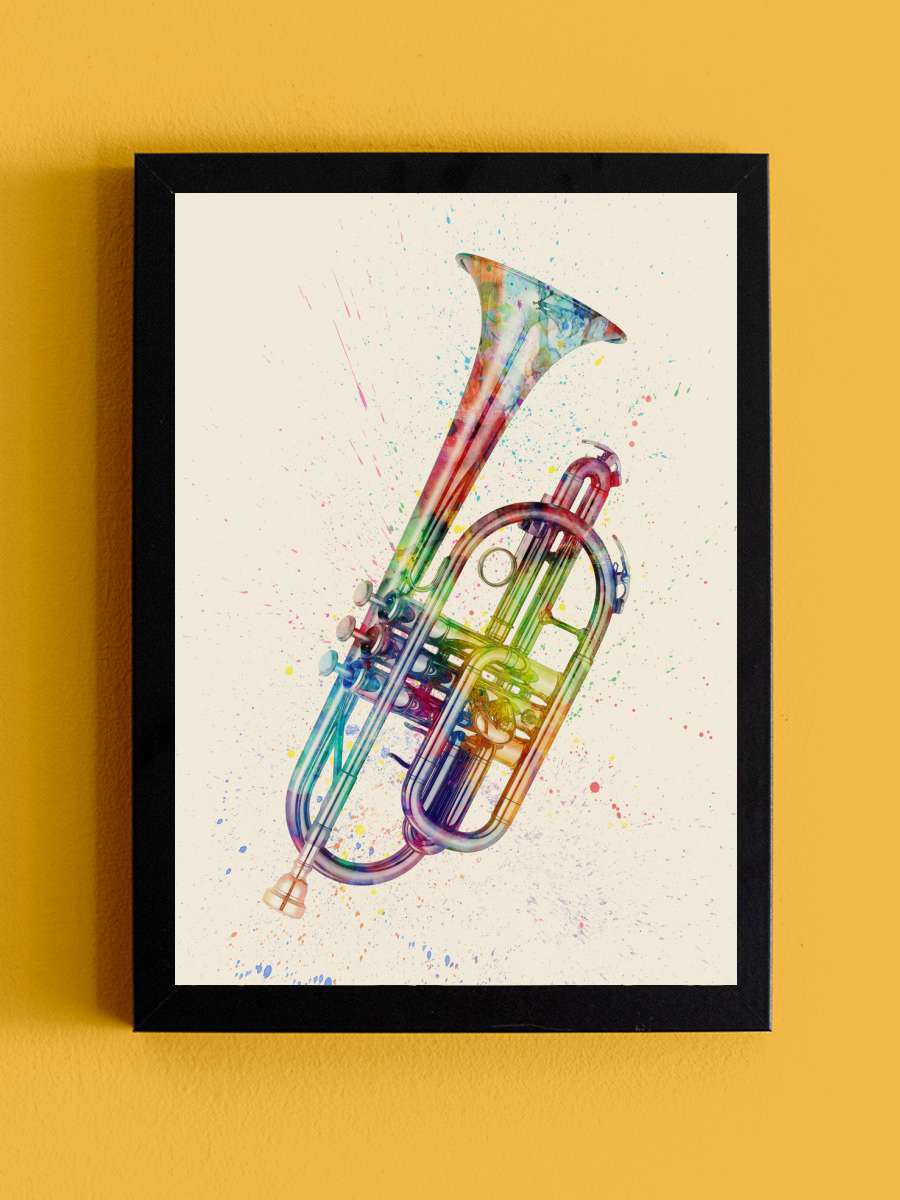 Cornet Abstract Watercolor Müzik Poster Tablo Siyah Çerçeveli Yüksek Kalite Müzik Duvar Tablo