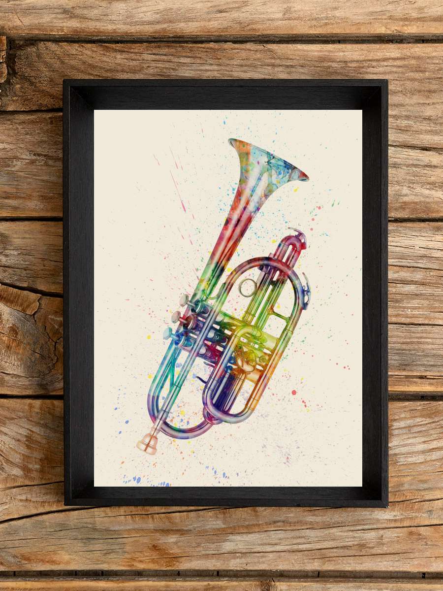 Cornet Abstract Watercolor Müzik Poster Tablo Siyah Çerçeveli Yüksek Kalite Müzik Duvar Tablo