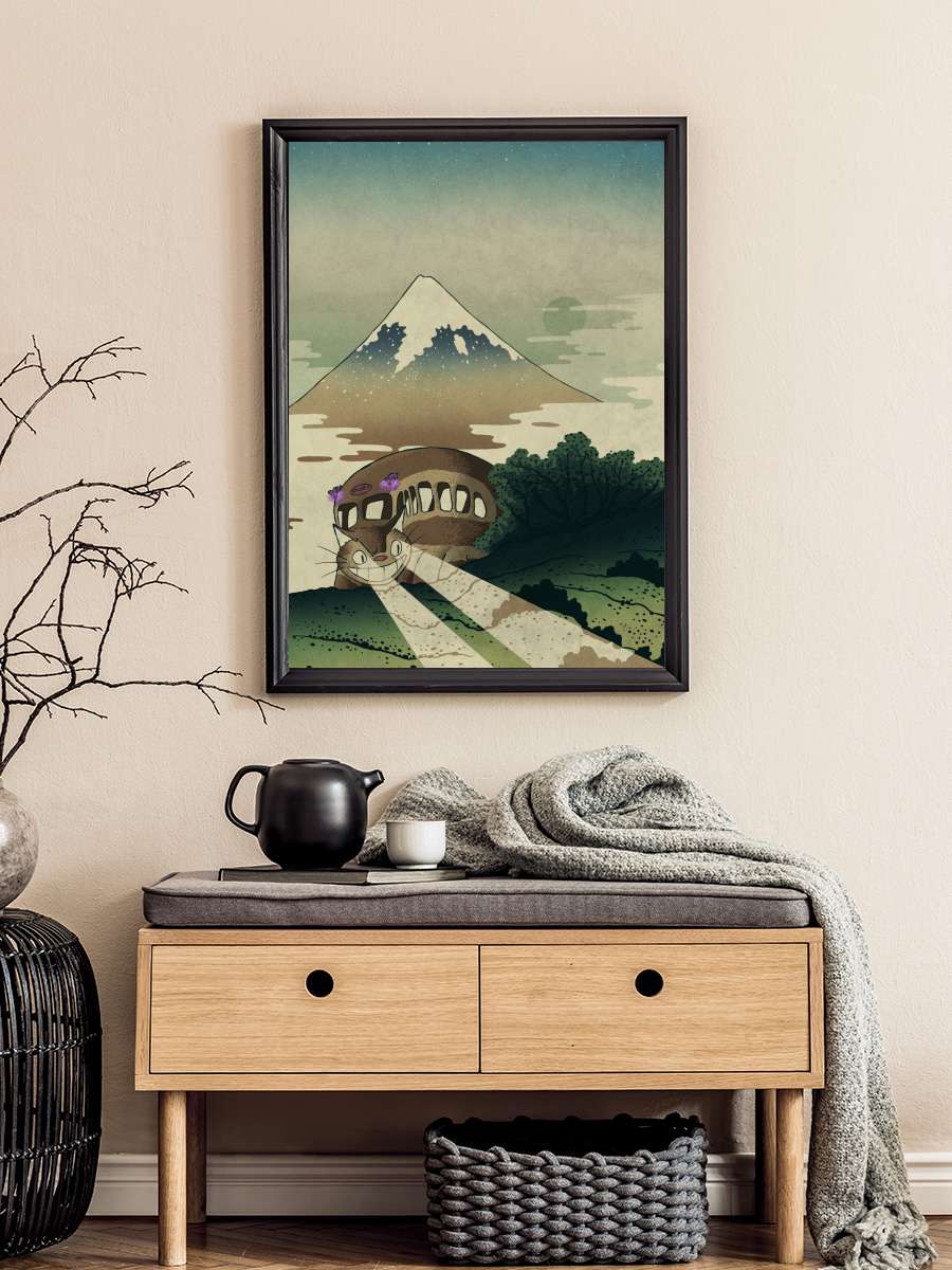 Catbus and mount fuji Anime Poster Tablo Siyah Çerçeveli Yüksek Kalite Anime Duvar Tablo