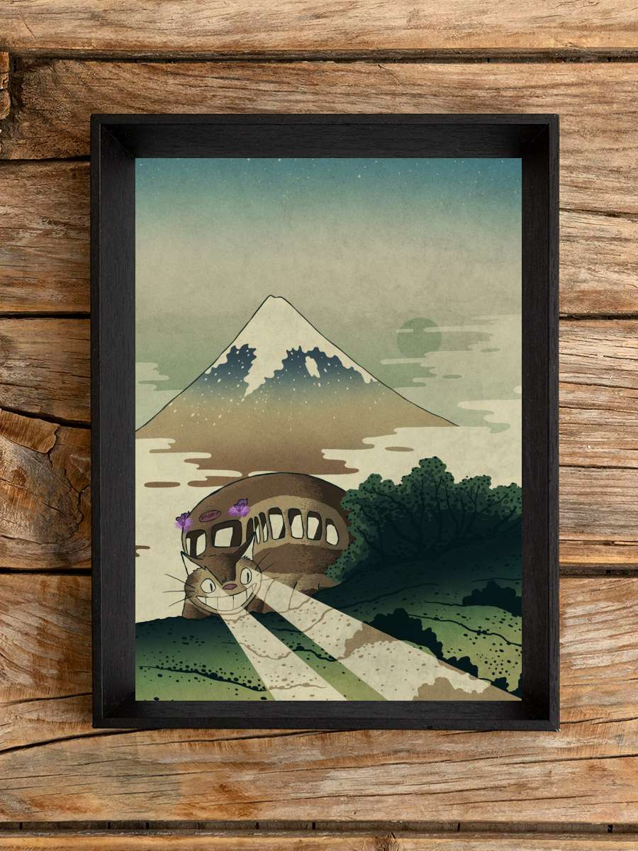 Catbus and mount fuji Anime Poster Tablo Siyah Çerçeveli Yüksek Kalite Anime Duvar Tablo