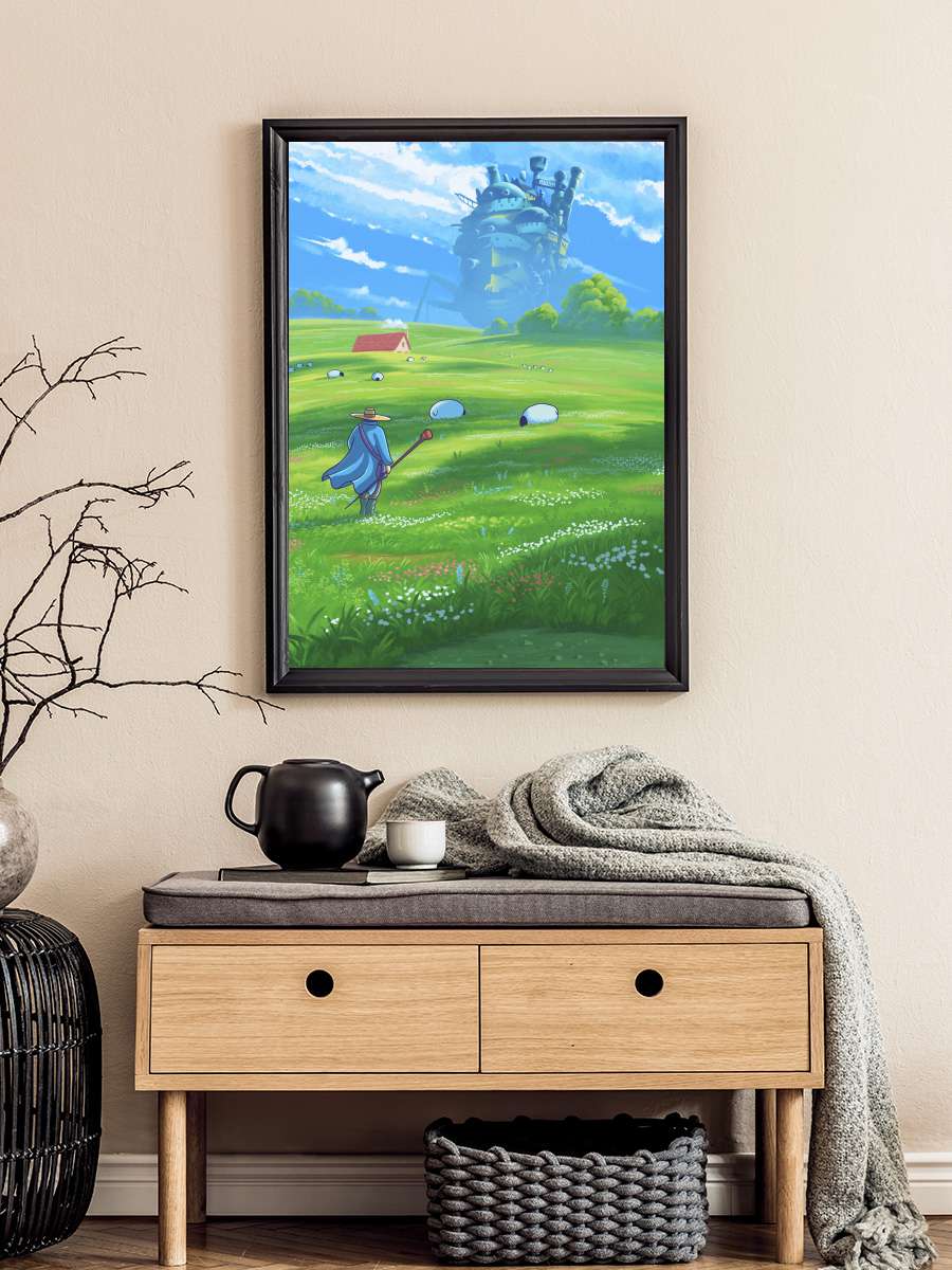 Green field and castle Anime Poster Tablo Siyah Çerçeveli Yüksek Kalite Anime Duvar Tablo