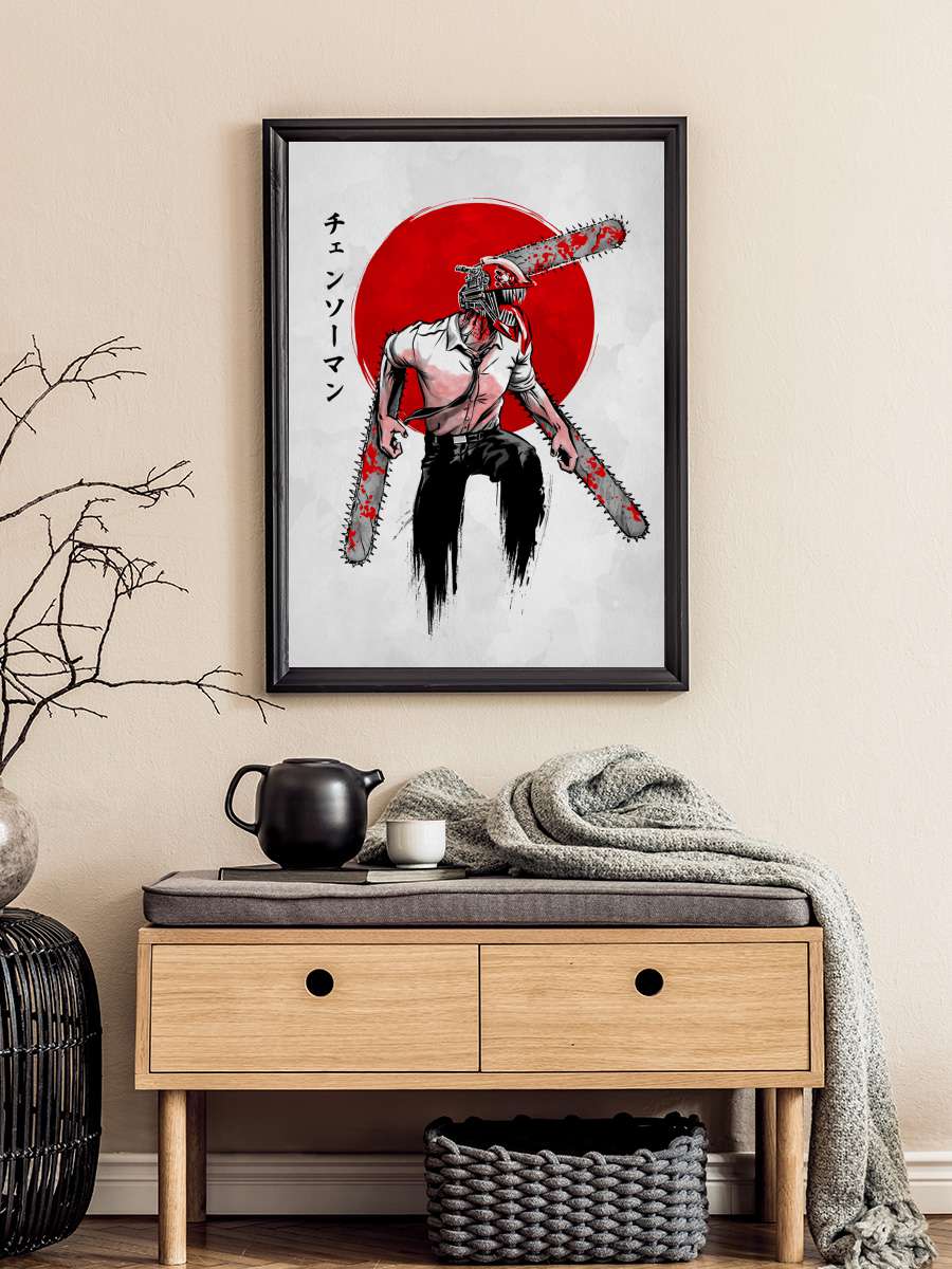 Red Sun Chainsaw Anime Poster Tablo Siyah Çerçeveli Yüksek Kalite Anime Duvar Tablo