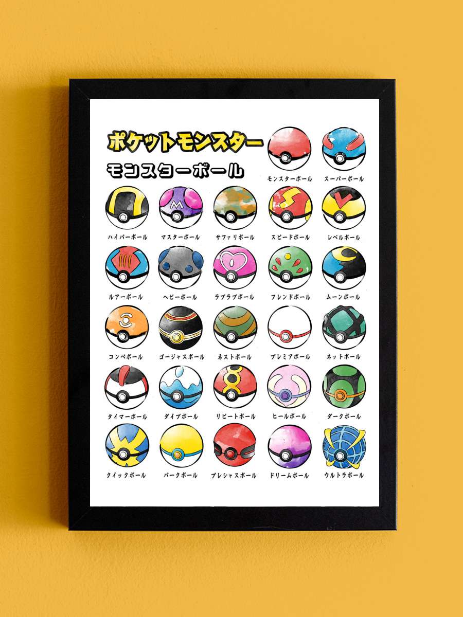 Types of pokeballs Anime Poster Tablo Siyah Çerçeveli Yüksek Kalite Anime Duvar Tablo