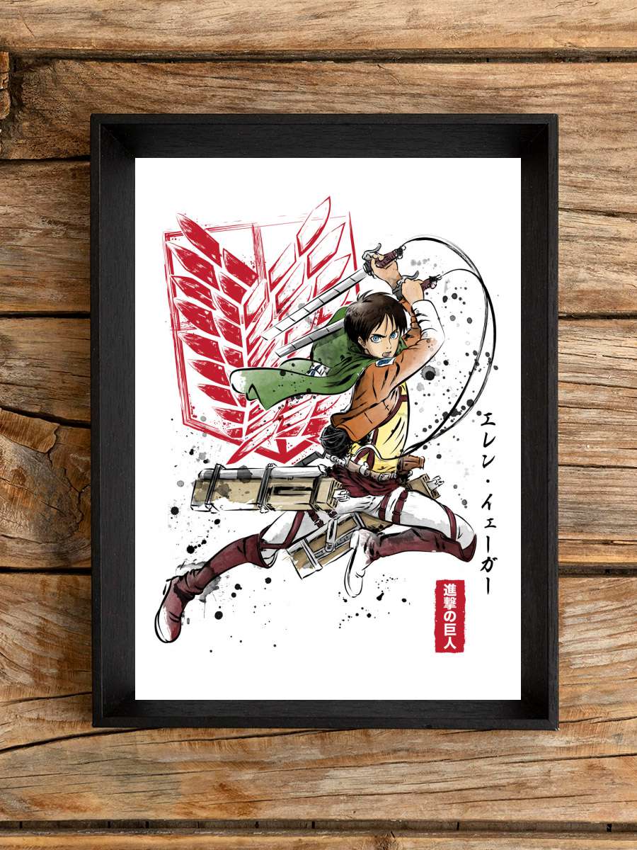 Solider Eren Anime Poster Tablo Siyah Çerçeveli Yüksek Kalite Anime Duvar Tablo