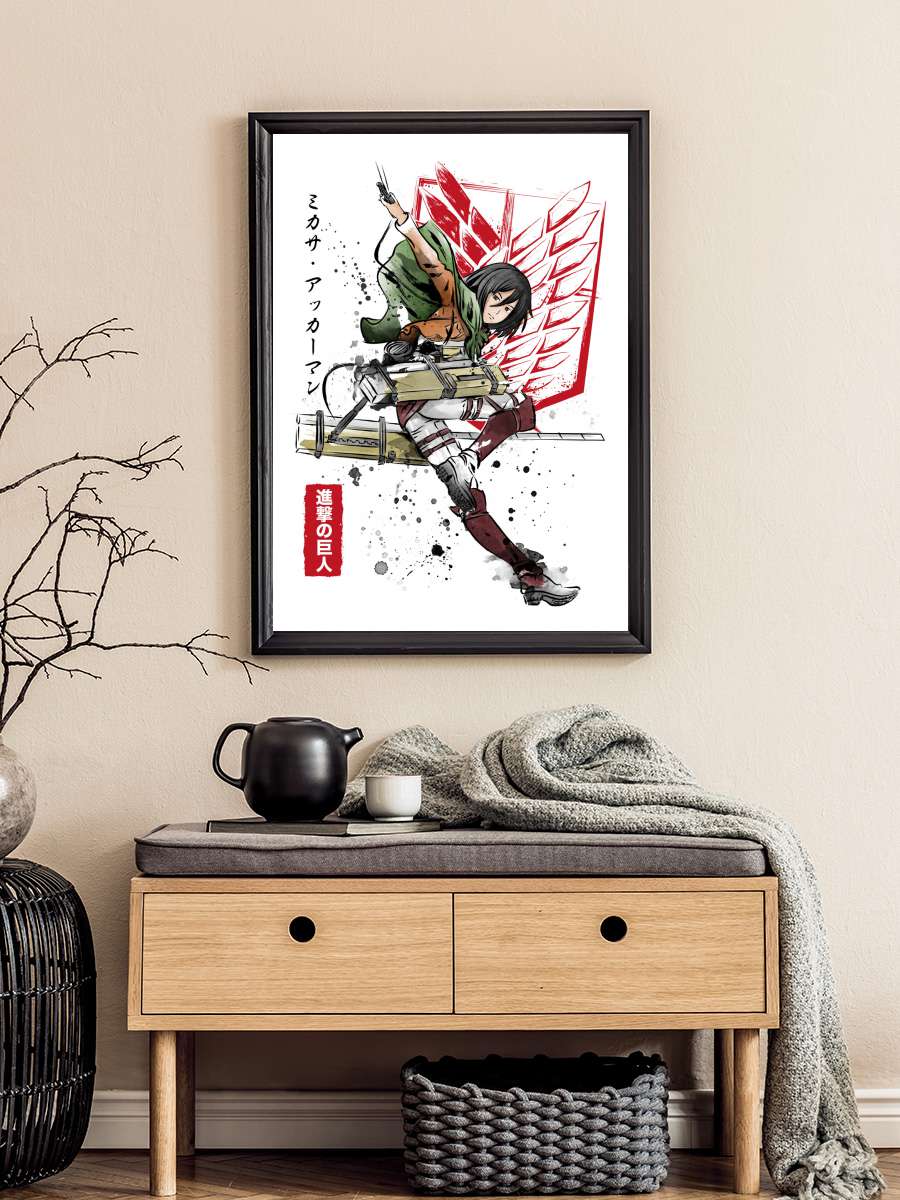 Soldier Mikasa Anime Poster Tablo Siyah Çerçeveli Yüksek Kalite Anime Duvar Tablo