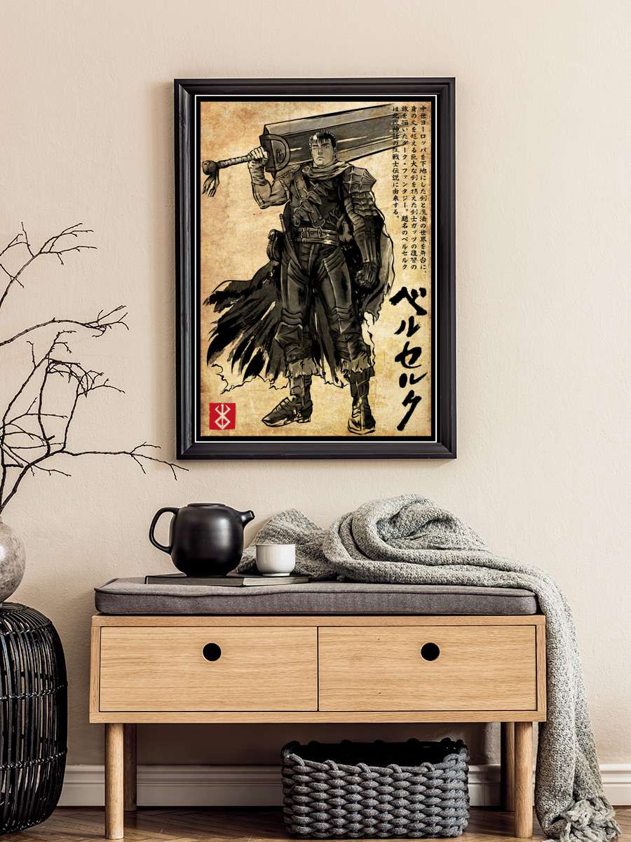 Black swordsman woodblock Anime Poster Tablo Siyah Çerçeveli Yüksek Kalite Anime Duvar Tablo