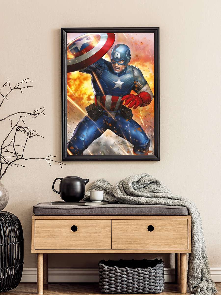 Captain America - Under Fire Film Poster Tablo Siyah Çerçeveli Yüksek Kalite Film Duvar Tablo