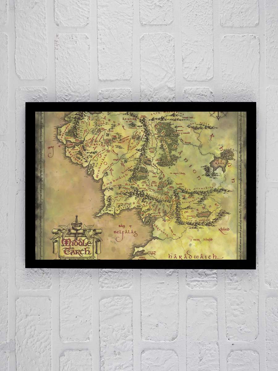 Map of Middle-Earth Film Poster Tablo Siyah Çerçeveli Yüksek Kalite Film Duvar Tablo