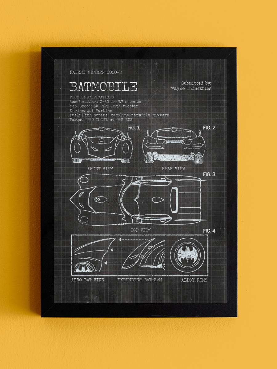 Batmobile - Tech Specifications Film Poster Tablo Siyah Çerçeveli Yüksek Kalite Film Duvar Tablo