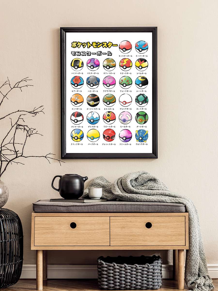 Types of pokeballs Film Poster Tablo Siyah Çerçeveli Yüksek Kalite Film Duvar Tablo