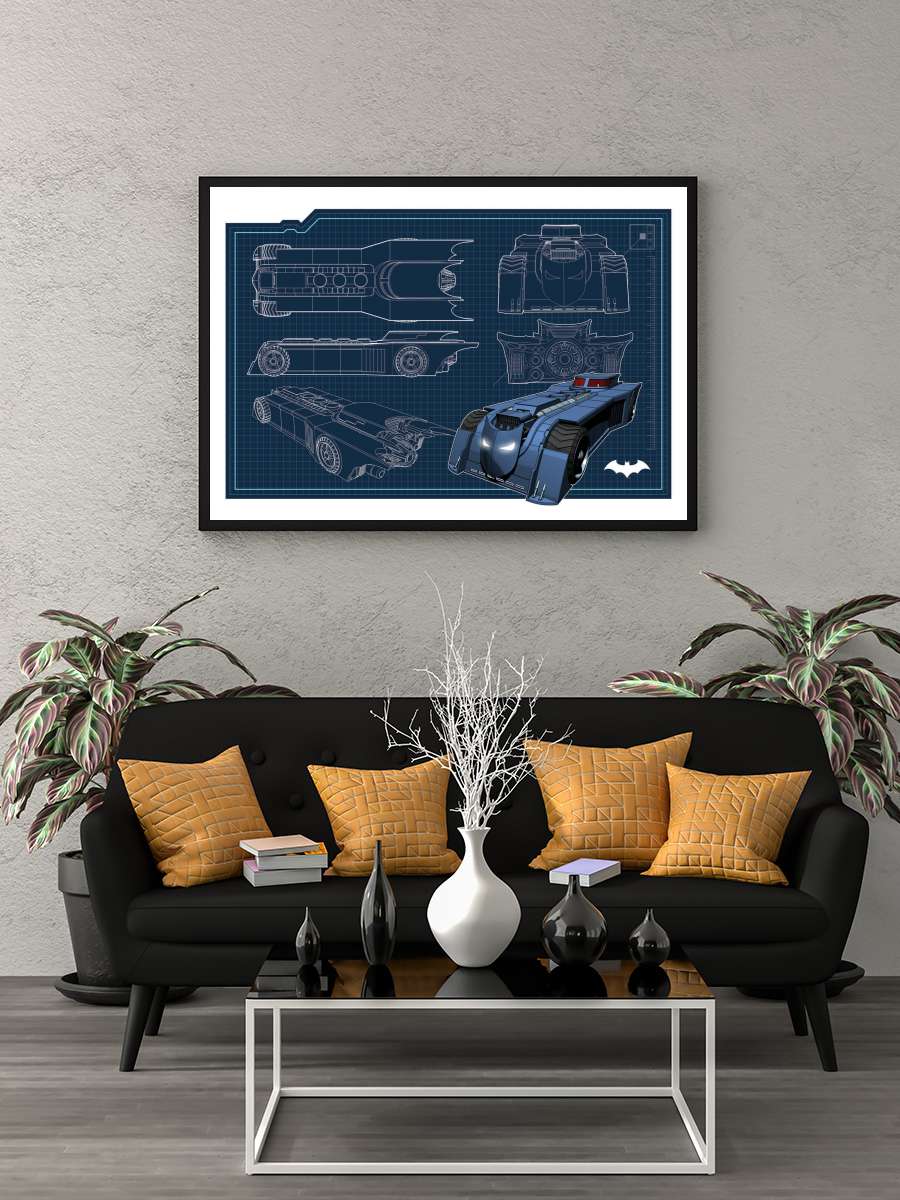 Batmobil - Blueprint Film Poster Tablo Siyah Çerçeveli Yüksek Kalite Film Duvar Tablo