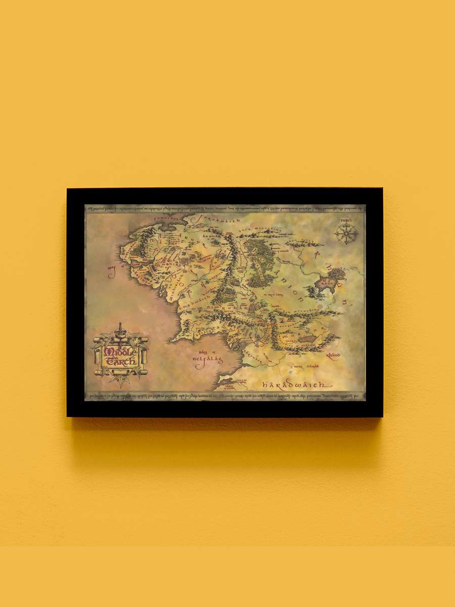 The Lord of the Rings - Map Middle Earth Film Poster Tablo Siyah Çerçeveli Yüksek Kalite Film Duvar Tablo