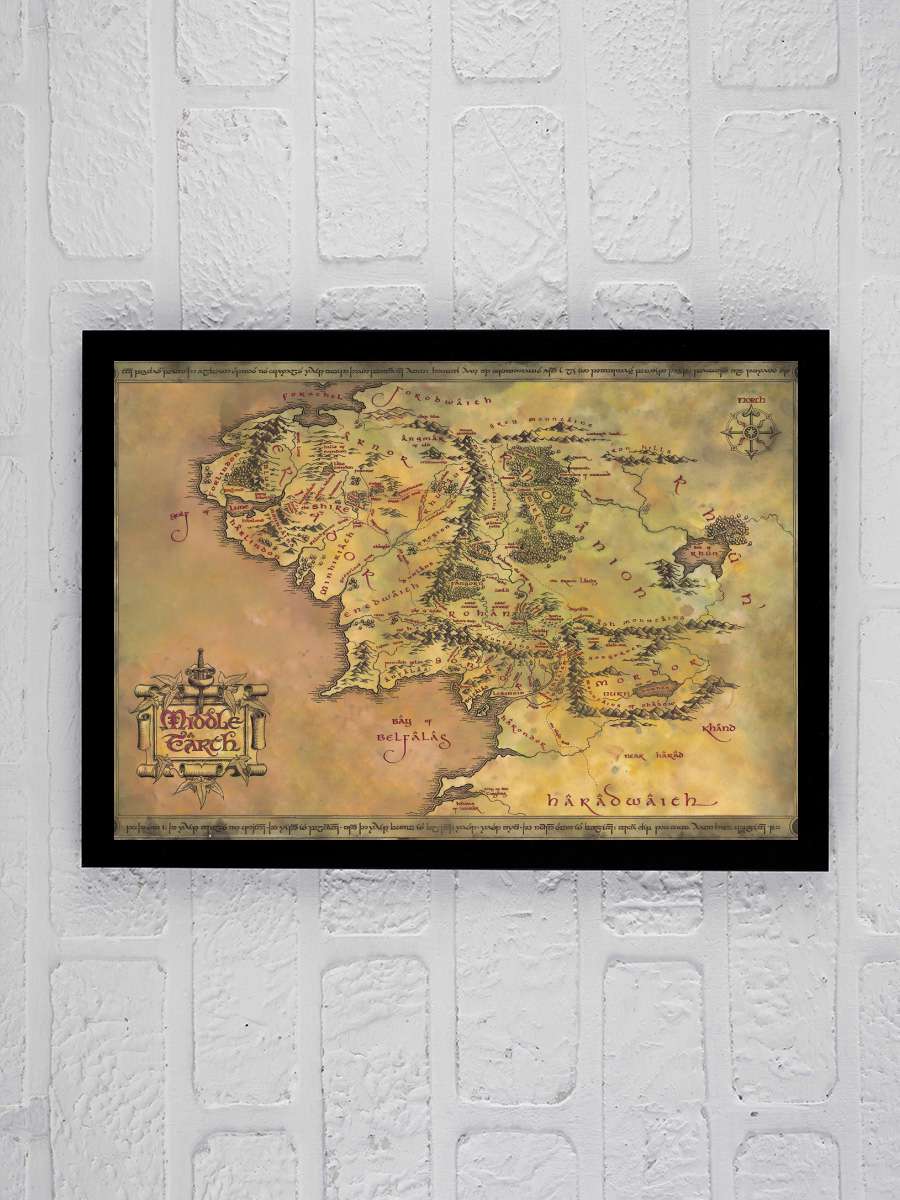 The Lord of the Rings - Map Middle Earth Film Poster Tablo Siyah Çerçeveli Yüksek Kalite Film Duvar Tablo