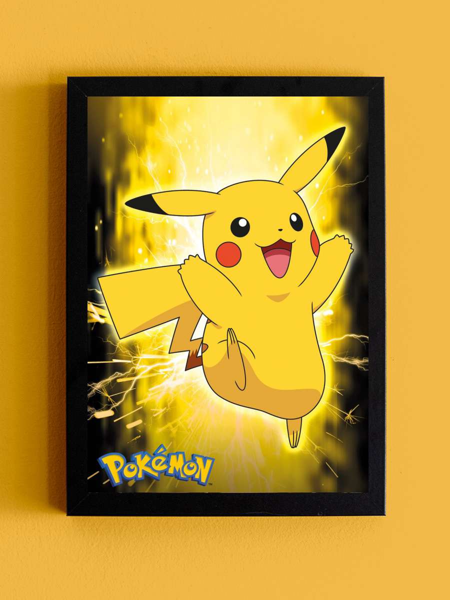 Pokemon - Pikachu Neon Film Poster Tablo Siyah Çerçeveli Yüksek Kalite Film Duvar Tablo