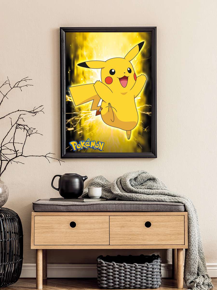 Pokemon - Pikachu Neon Film Poster Tablo Siyah Çerçeveli Yüksek Kalite Film Duvar Tablo