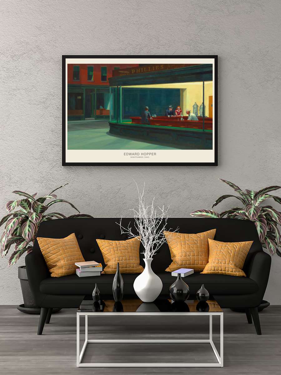 Nighthawks Sanatsal Modern Tablo Siyah Çerçeveli Poster Modern Duvar Tablo