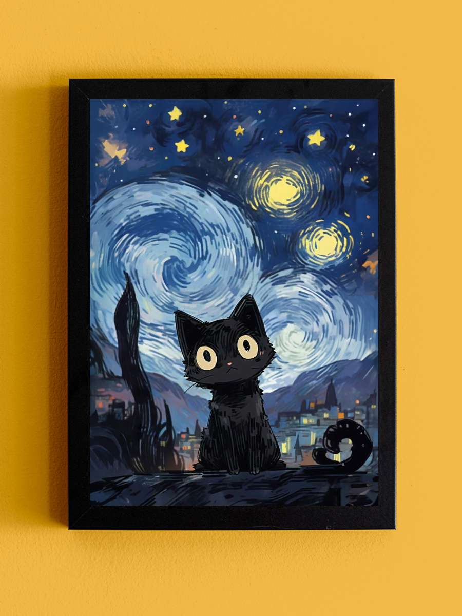 Cat under the Stars Sanatsal Modern Tablo Siyah Çerçeveli Poster Modern Duvar Tablo