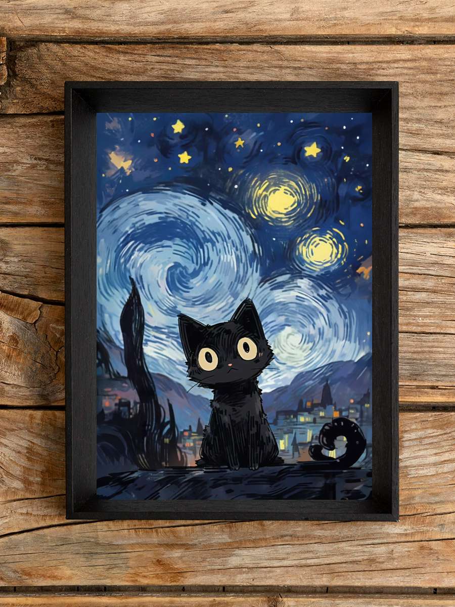 Cat under the Stars Sanatsal Modern Tablo Siyah Çerçeveli Poster Modern Duvar Tablo